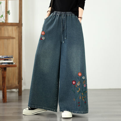 Vintage Embroidered Wide-Leg Jeans with Elastic Waist