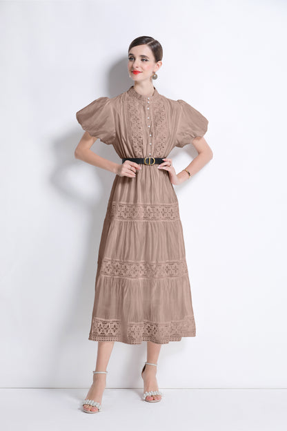 Women's Puff Sleeve Button Lace Midi Dress