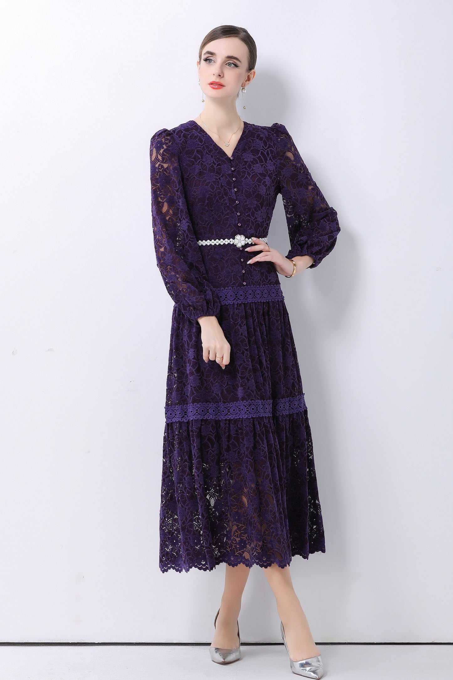 Women's V-Neck Puff Sleeves Button Lace Midi Dress