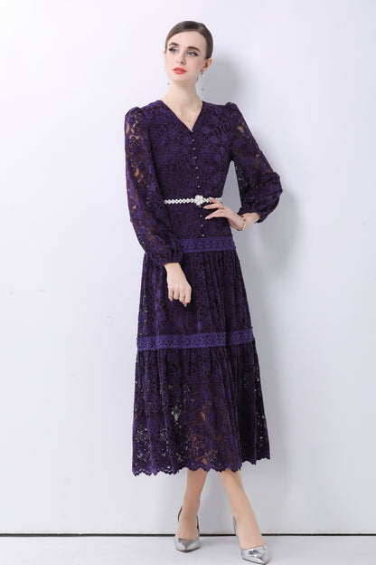 Women's V-Neck Puff Sleeves Button Lace Midi Dress