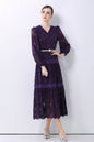 Women's V-Neck Puff Sleeves Button Lace Midi Dress
