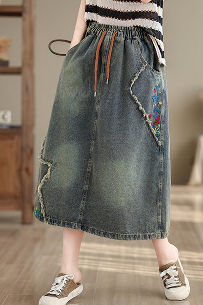 Women's Denim Drawstring Waist Pockets Jean Skirt