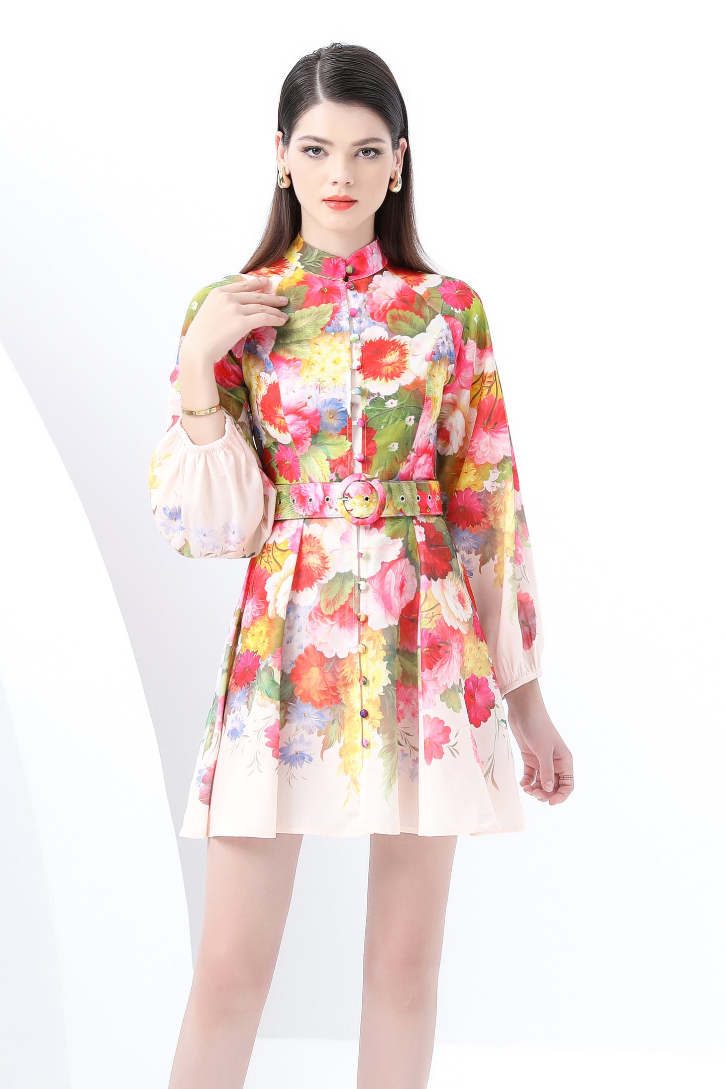 Women's Lantern Sleeve Floral Print Mini Dress