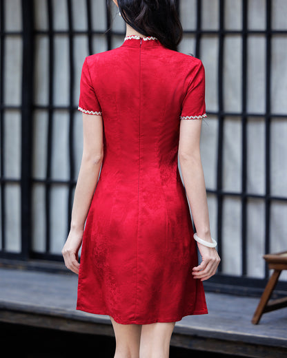 Red Jacquard Cheongsam Dress Short Sleeve Qipao with Pearl Tassel