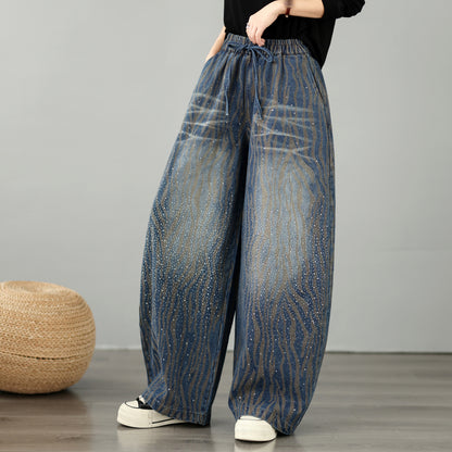 28678-Vintage Wavy Stripe Denim Wide-Leg Pants with Drawstring Waist