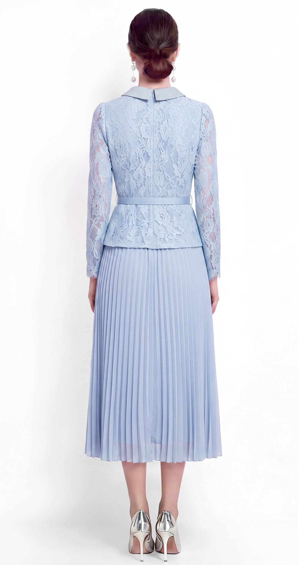 28729 Elegant Lace Pleated Midi Dress with Belt – 4 Colors