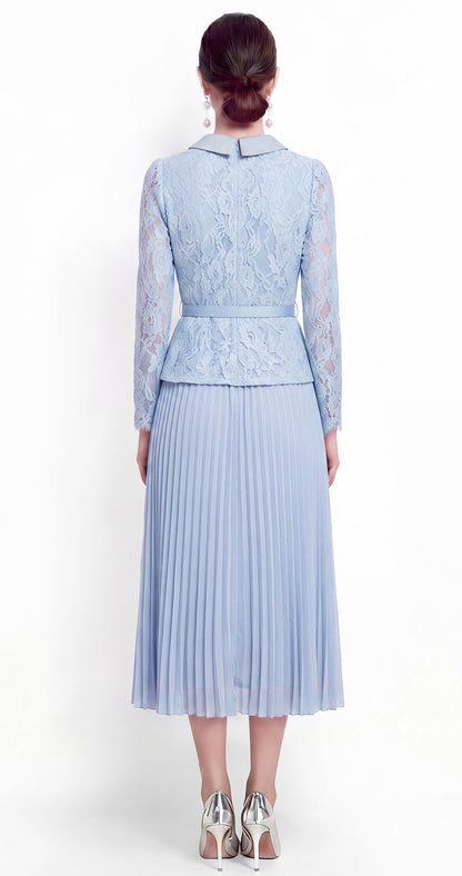 28729 Elegant Lace Pleated Midi Dress with Belt – 4 Colors