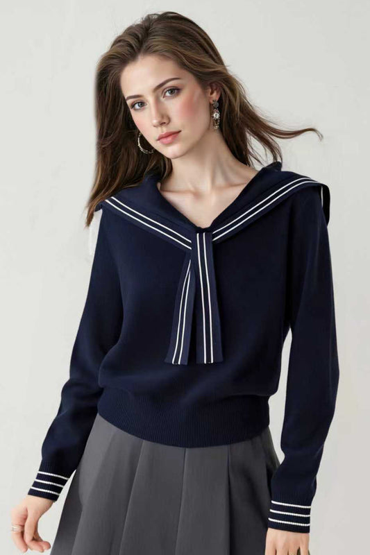 Women's Sailor Collar V-Neck Strip Knit Sweater Blouse