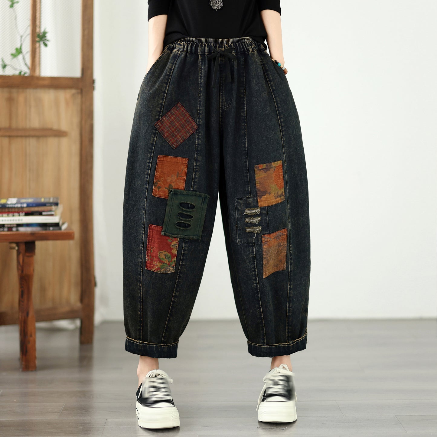 Edgy Distressed Patchwork Baggy Jean Harem Pants