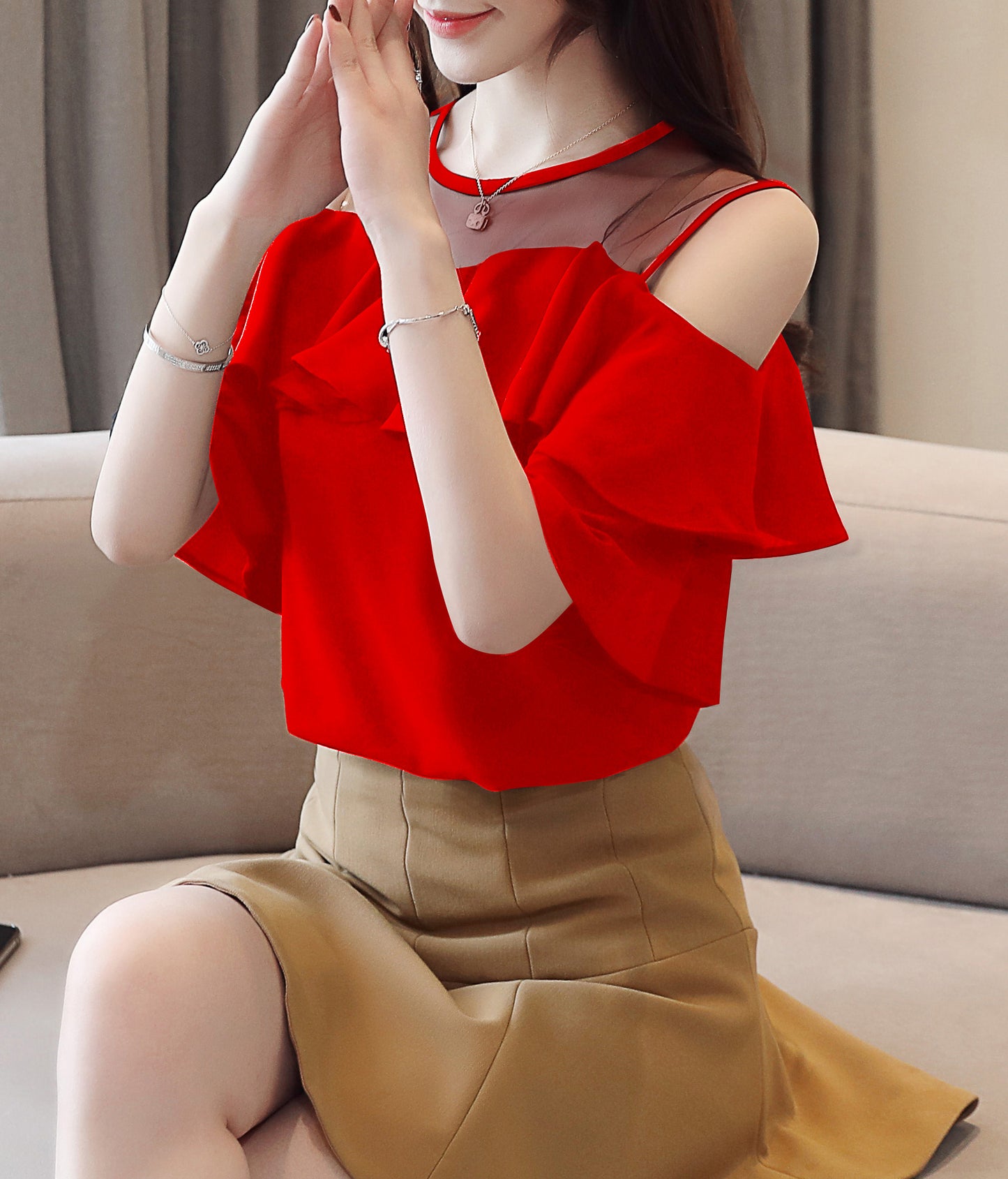 Cold Shoulder Chiffon Ruffle Top | Elegant Summer Statement Blouse