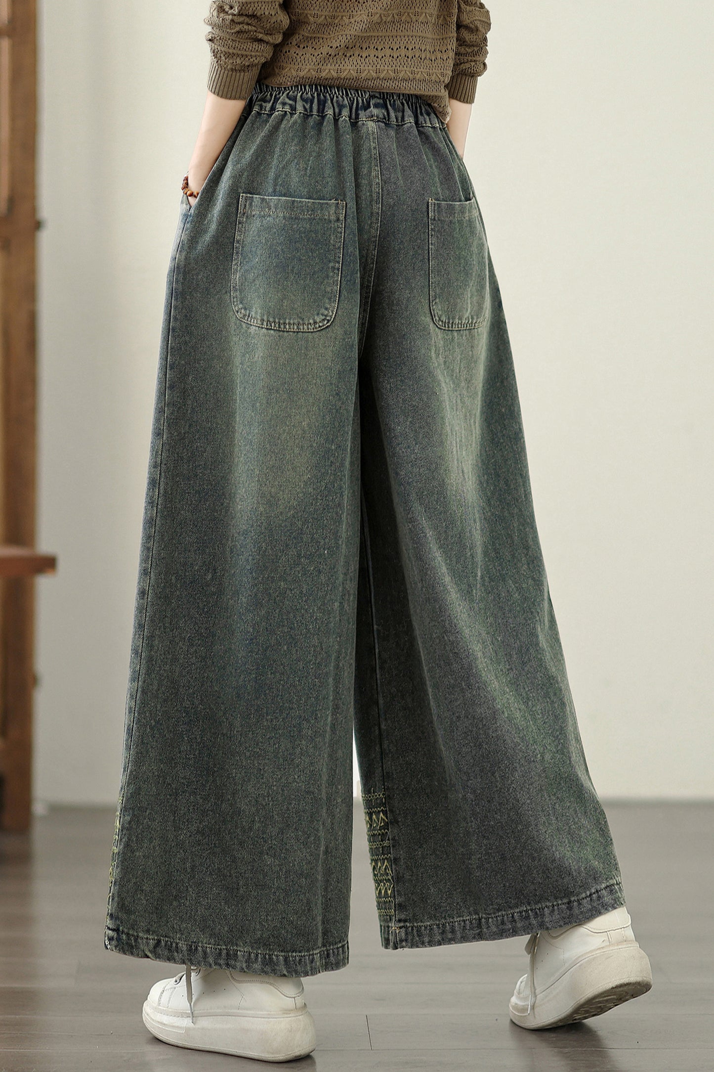 Women's Baggy Jeans Embroidery Drawstring Wide Leg