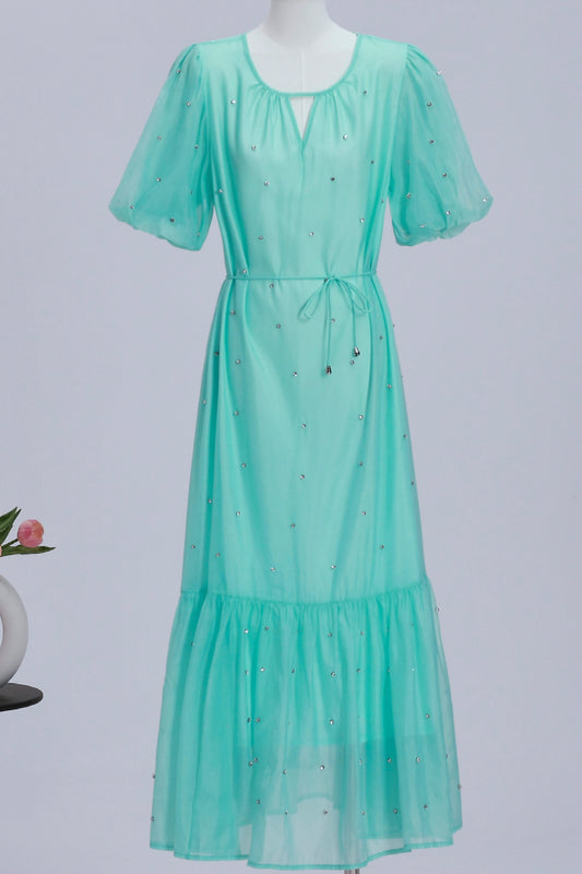 Women's Beaded Ruffled Puff Sleeve Maxi Dress