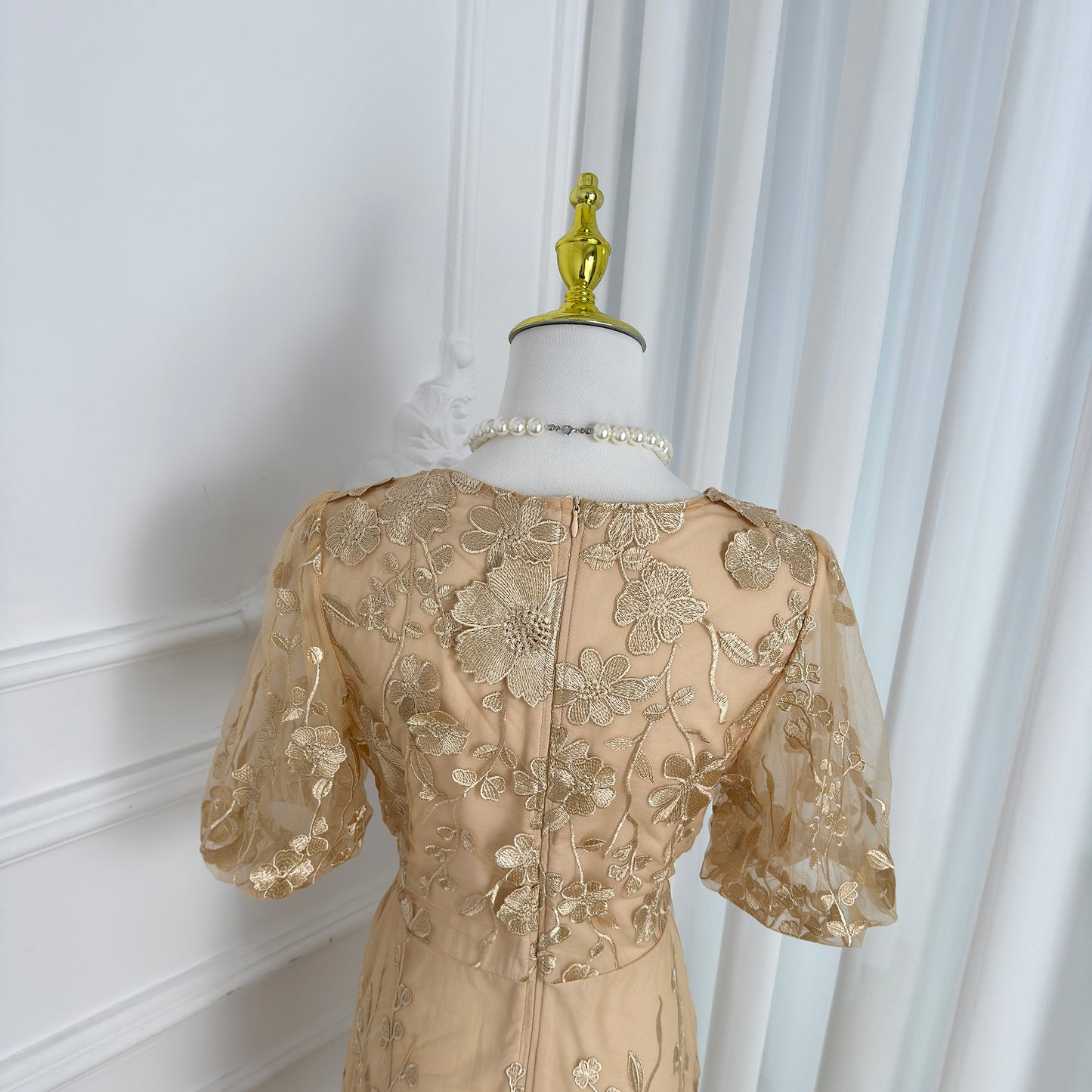 Khaki Floral Embroidered V-neck Elegant Mini Dress