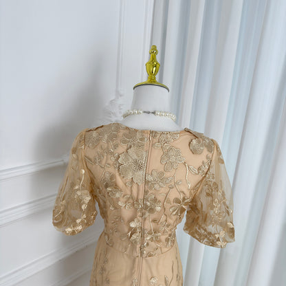 Khaki Floral Embroidered V-neck Elegant Mini Dress
