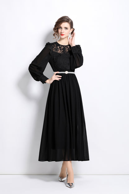 Lace Chiffon Puff Sleeves Maxi Dress with Belt