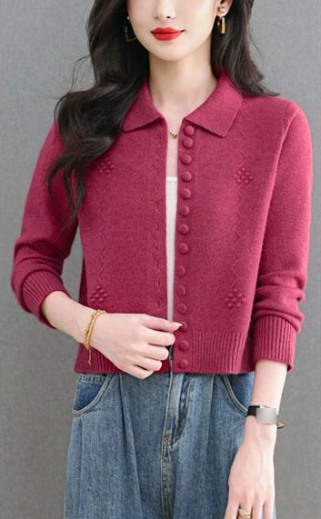 Textured Knit Zip-Up Cardigan Polo Collar Cropped Outerwear