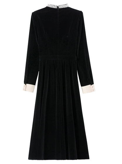 28698 Black Velvet Pearl Collar Dress – A Statement in Color