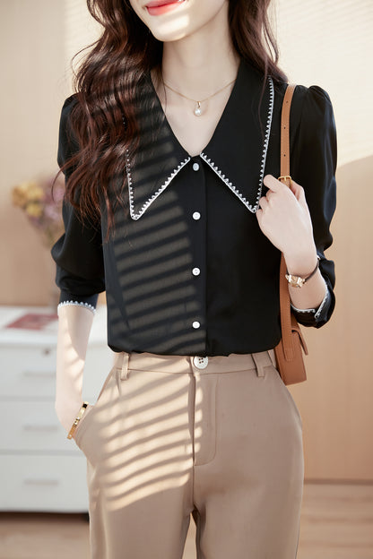 Women's Contrast Collar V Neck Lantern Sleeve Blouse