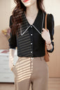 Women's Contrast Collar V Neck Lantern Sleeve Blouse