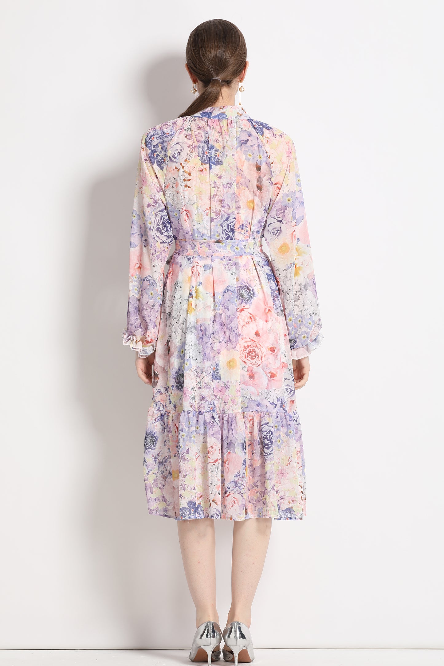 FSY-Women's Floral Puff Sleeve Button Loose Ruffle Midi Dress