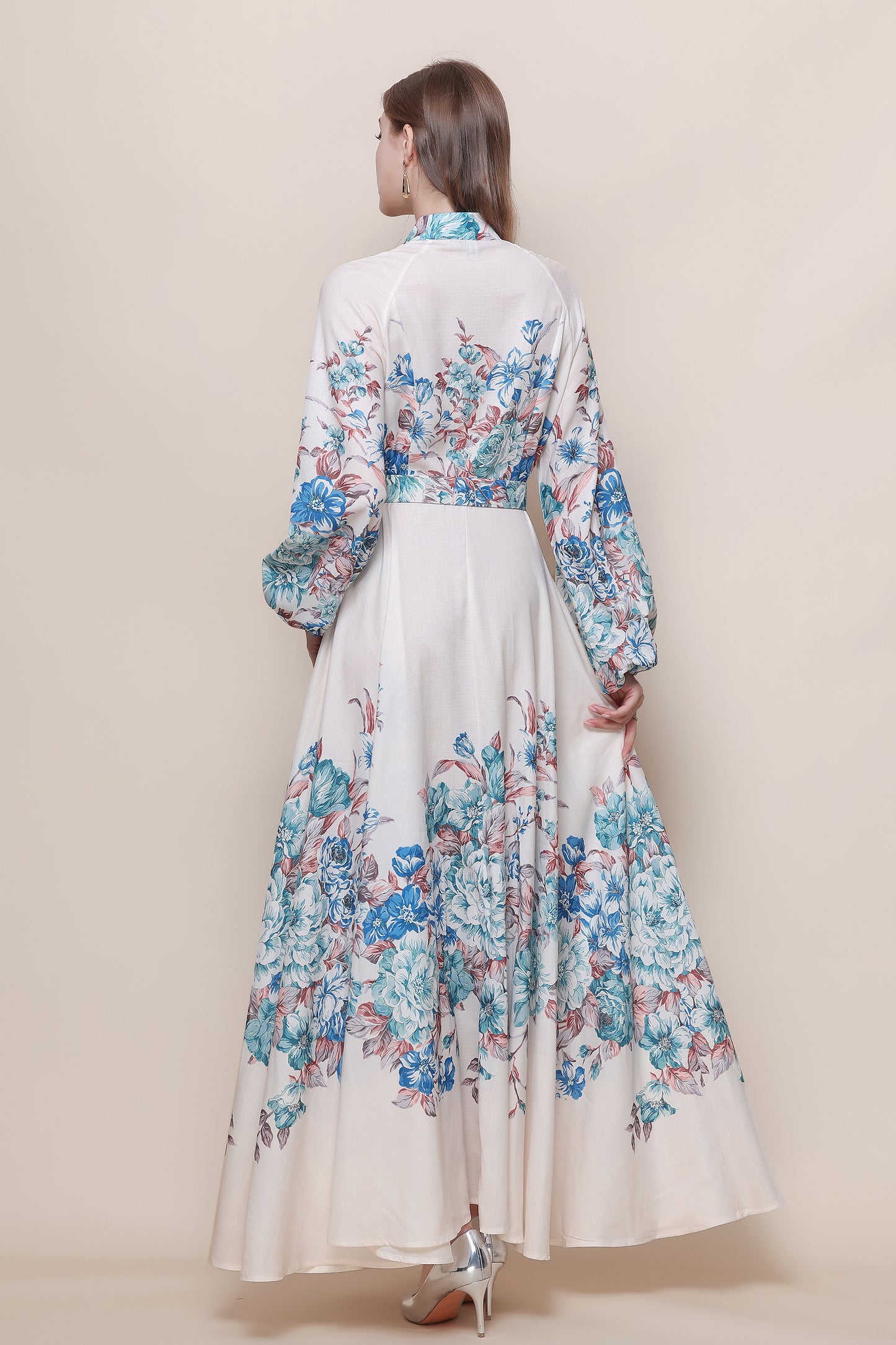 26-Women's Floral Print Puff Sleeve Button Maxi Dress - LAI MENG FIVE CATS