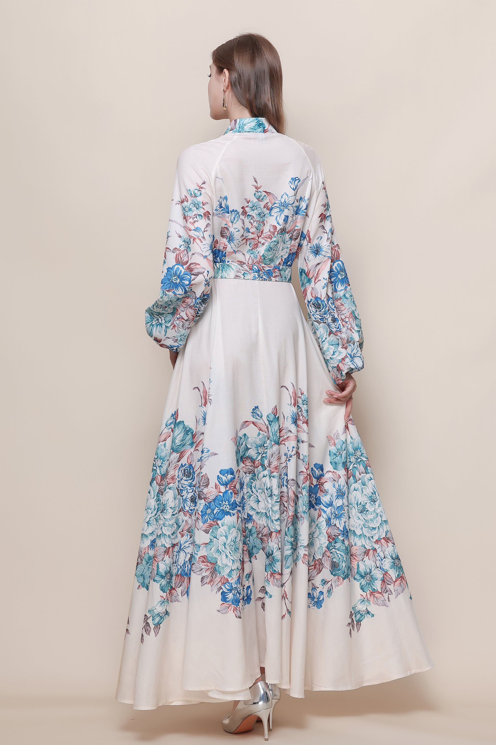 26-Women's Floral Print Puff Sleeve Button Maxi Dress - LAI MENG FIVE CATS