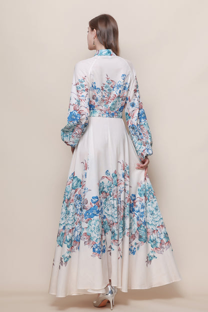 26-Women's Floral Print Puff Sleeve Button Maxi Dress - LAI MENG FIVE CATS