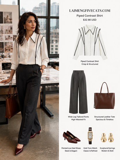 Contrast Piping White Shirt | Structured Statement Collar Workwear Top