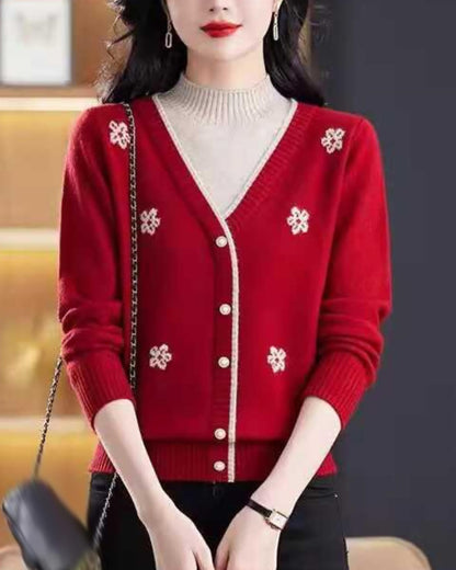 Floral Embroidered V-Neck Knit Sweater Pullover Top Fall Layered