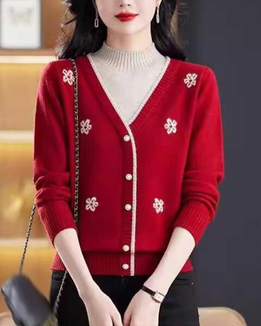 Floral Embroidered V-Neck Knit Sweater Pullover Top Fall Layered
