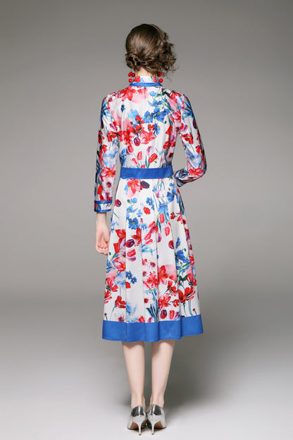 FSY-Women's Floral Print Button A-line Flowy Midi Dress