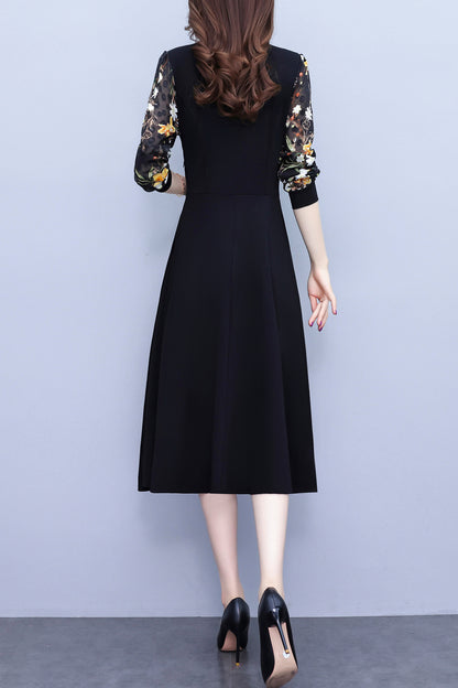 Women's V-Neck Long Sleeve Patchwork Black Dress