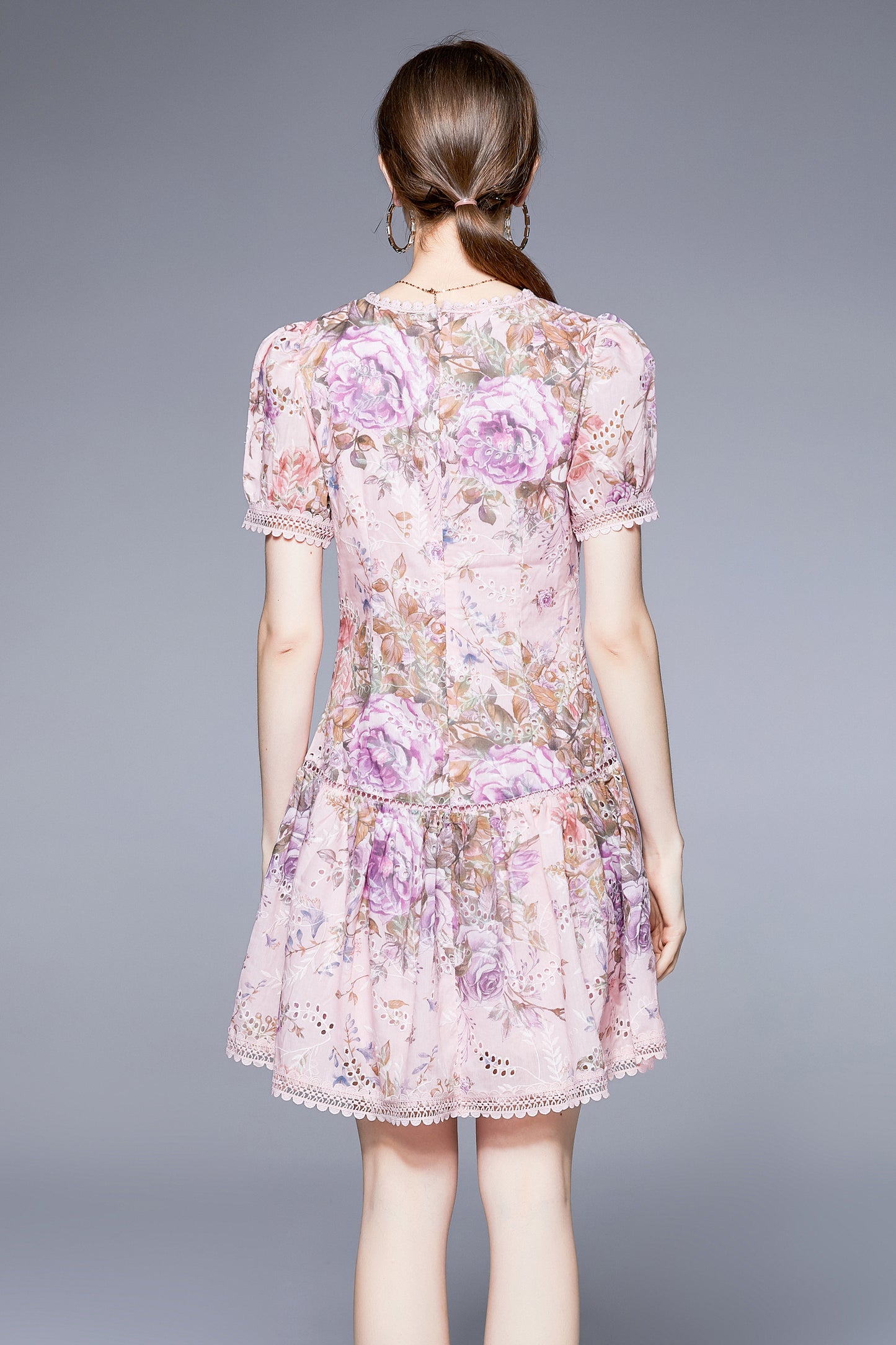 SSY-Women's Floral Puff Sleeve Low Waist Ruffle Short Dress