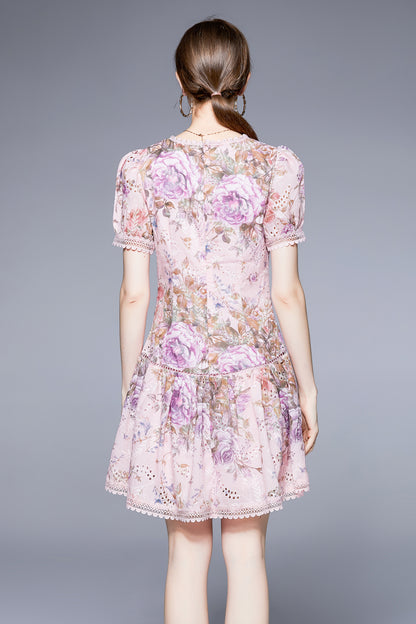 SSY-Women's Floral Puff Sleeve Low Waist Ruffle Short Dress