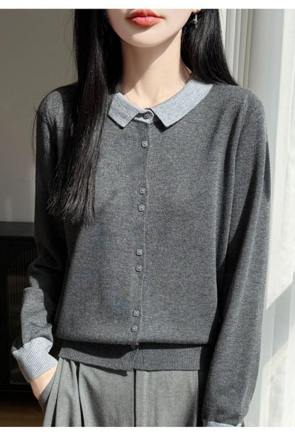 Contrast Collar Knit Cardigan – Two-Tone Polo Button-Up Sweater