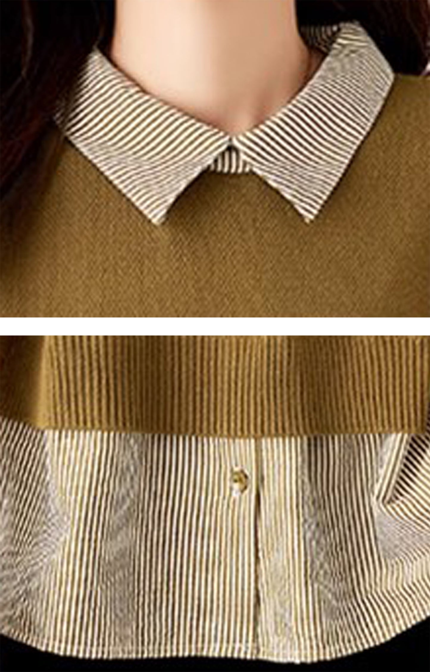 Women's Patchwork Shirt Collar Cotton  Knit Pullover Tops