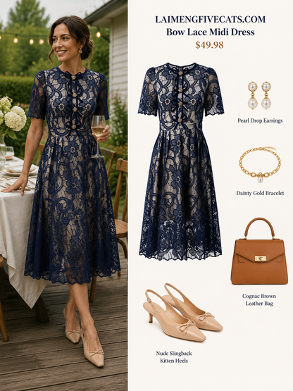 Navy Lace Bow Midi Dress – Classy Feminine Occasion Dress - LAI MENG FIVE CATS