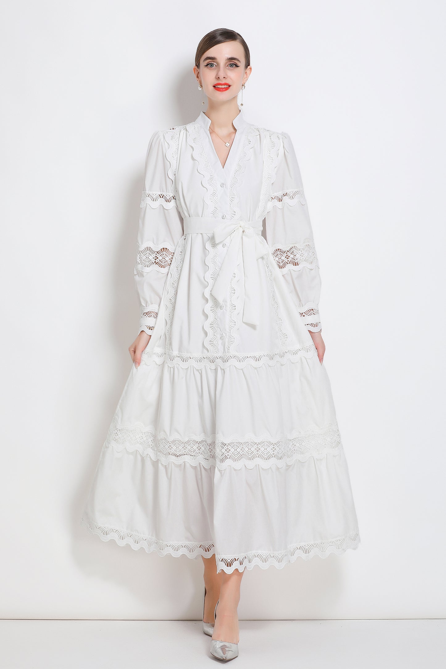 Women's V-Neck Puff Sleeve Lace Tiered Maxi Dress
