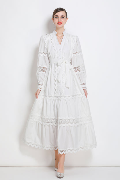 Women's V-Neck Puff Sleeve Lace Tiered Maxi Dress