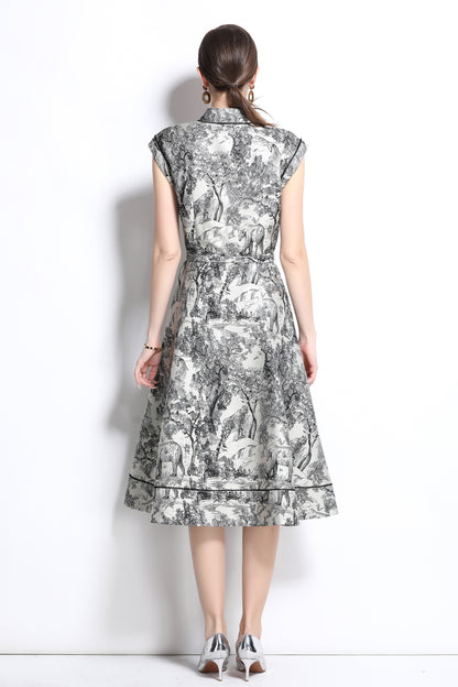 Women's Jacquard Cap Sleeve Button Rockabilly Dress