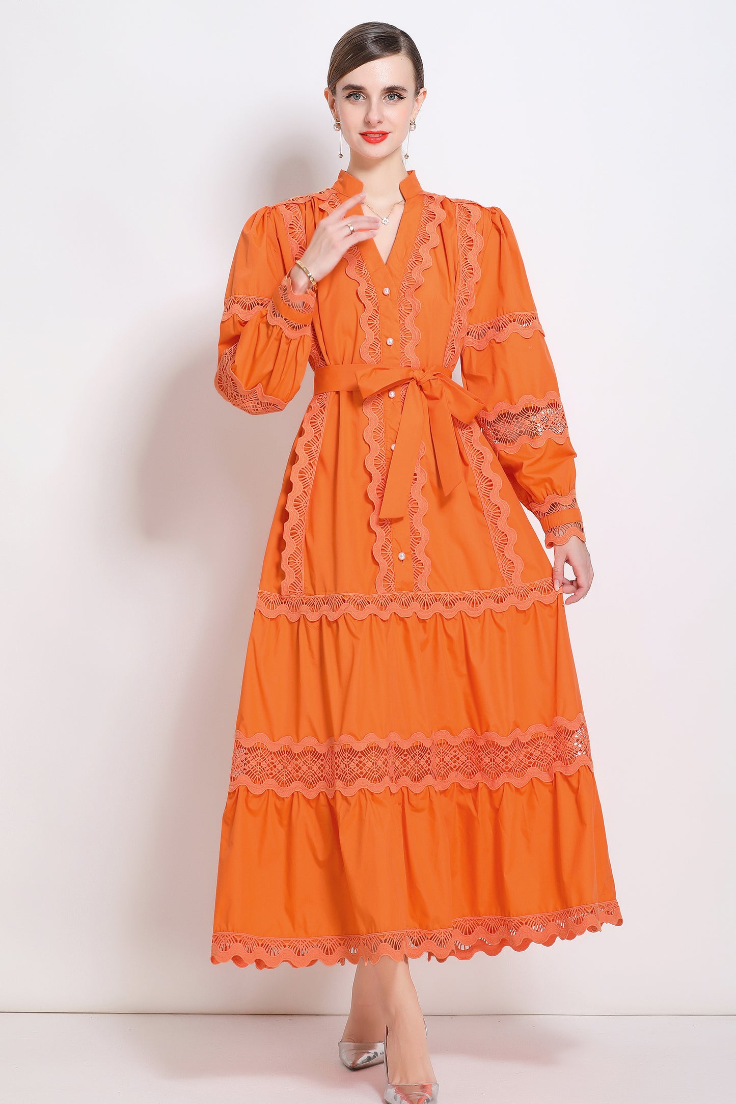 Women's V-Neck Puff Sleeve Lace Tiered Maxi Dress