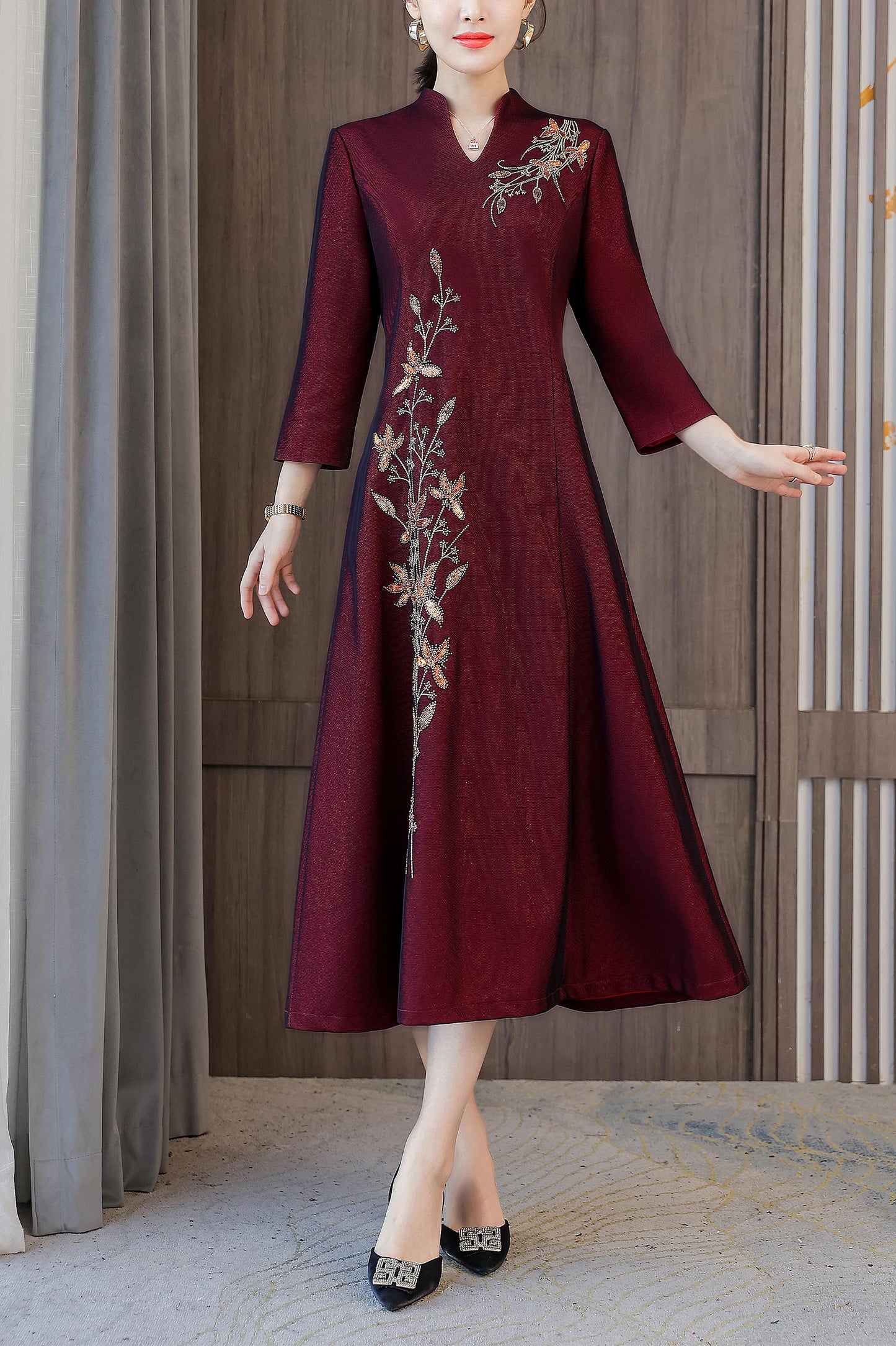 Vintage Hight Neck Cheongsam Embroidery Casual Dress