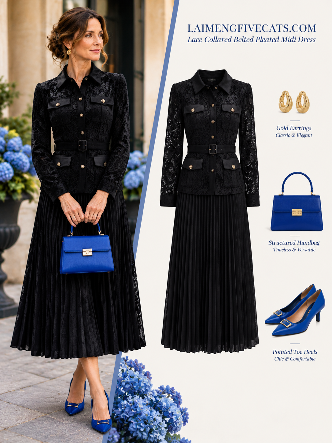 28729 Elegant Lace Pleated Midi Dress with Belt – 4 Colors