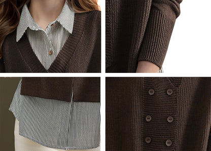 Women's Casual Patchwork Shirt Collar Long Sleeve Cotton Pullover Tops