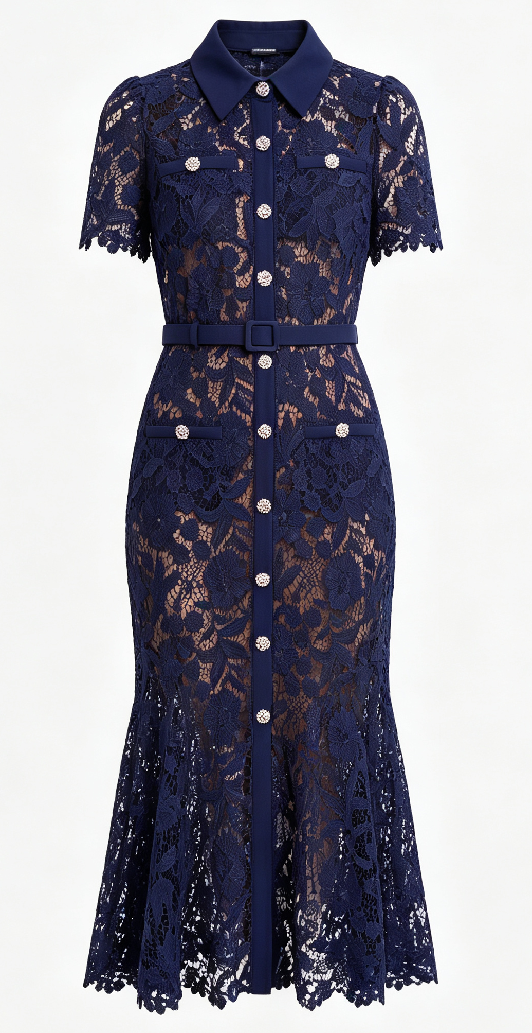 Navy Lace Mermaid Long Dress with Belt