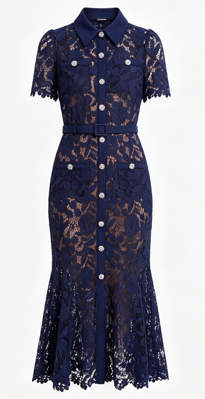 Navy Lace Mermaid Long Dress with Belt