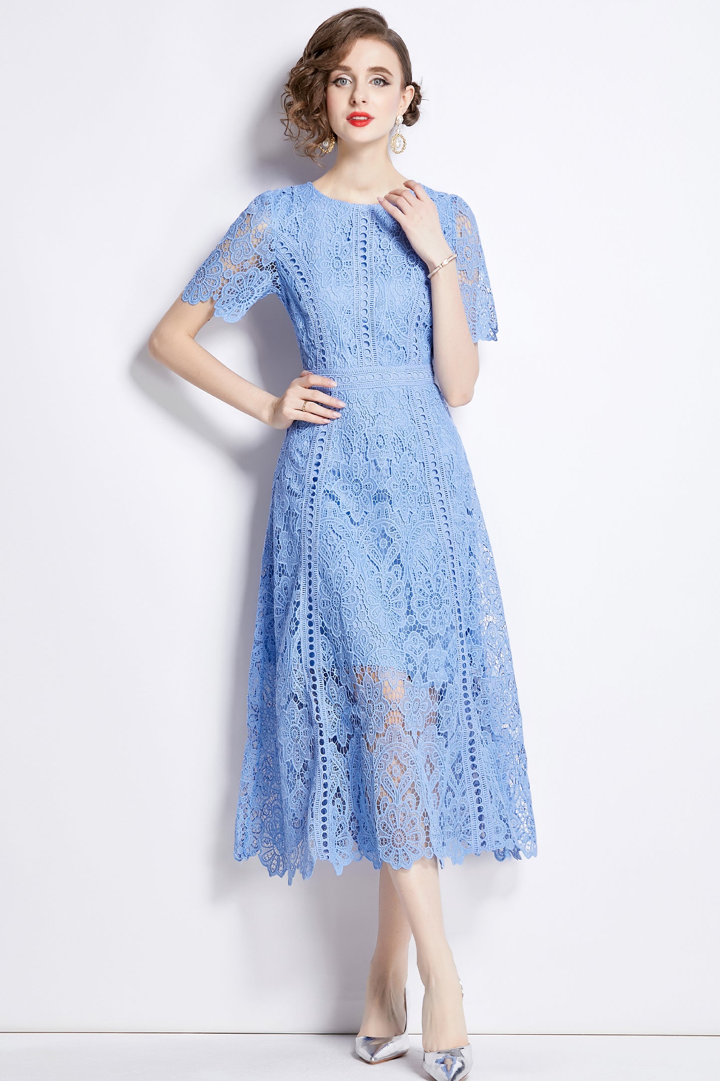 Women's Flowy Floral Lace Short Sleeve Round Neck Evening Dress