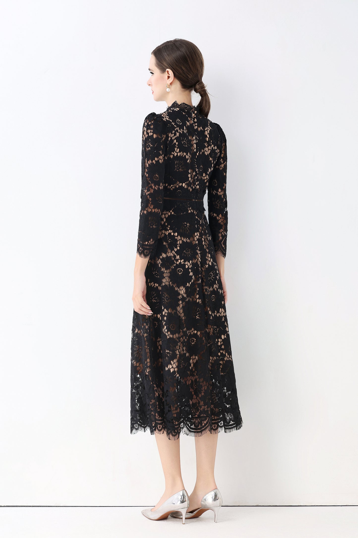 Women's 3/4 Sleeve Lace Overlay Midi Dress - LAI MENG FIVE CATS
