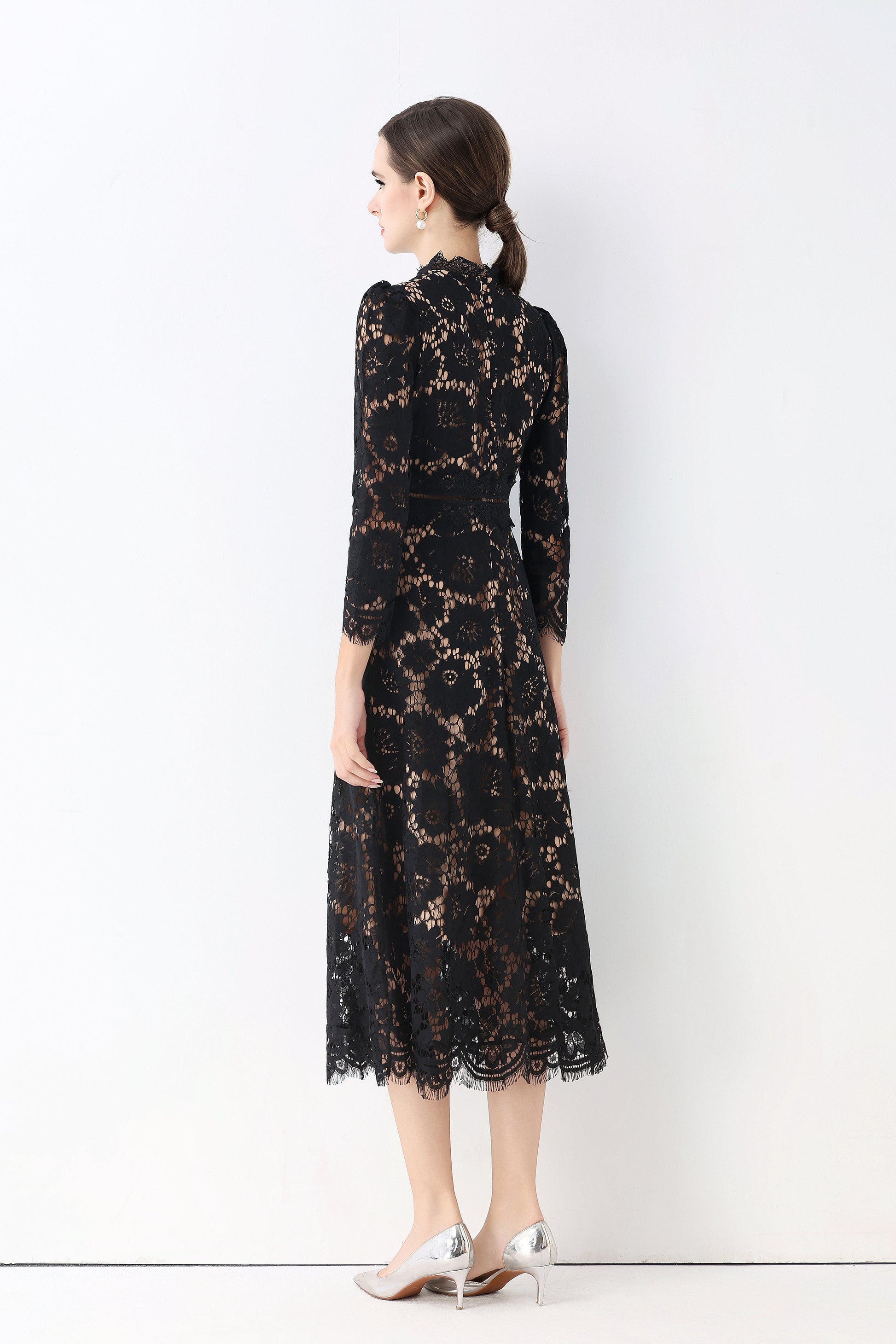 Women's 3/4 Sleeve Lace Overlay Midi Dress - LAI MENG FIVE CATS