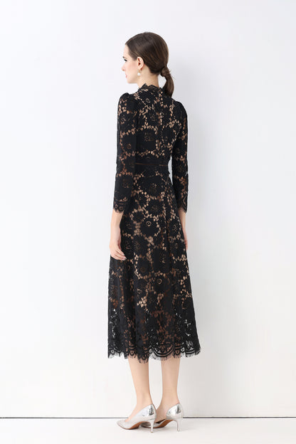 Women's 3/4 Sleeve Lace Overlay Midi Dress - LAI MENG FIVE CATS